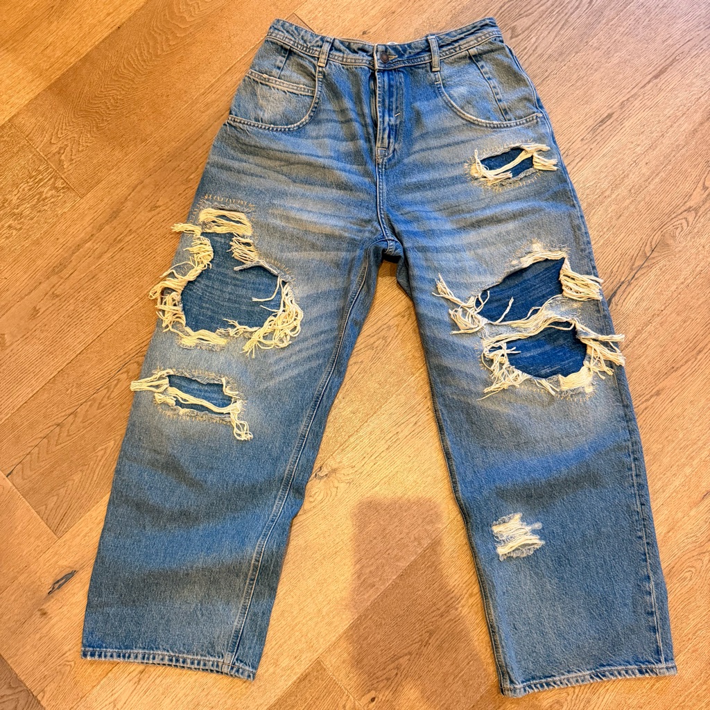 Free People Distressed Blue High-Rise Wide Leg Ankle Length Jeans